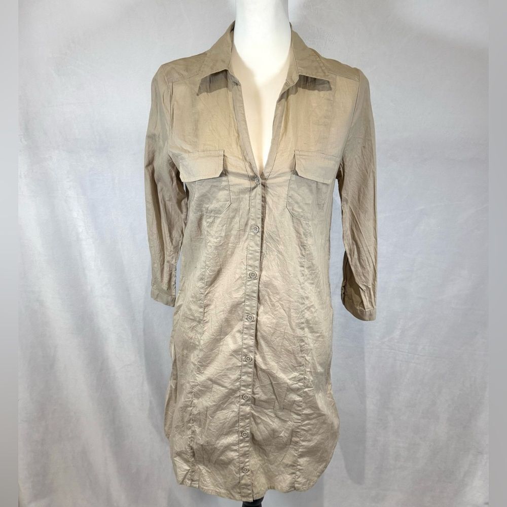 Khaki color lightweight button down cotton shirt dress size small